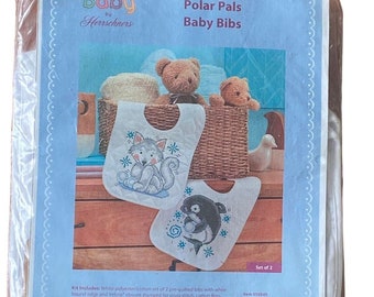 Vtg Baby By Herrschners Kit de baberos para bebés Punto de cruz Polar Pals Fox Dolphin USA