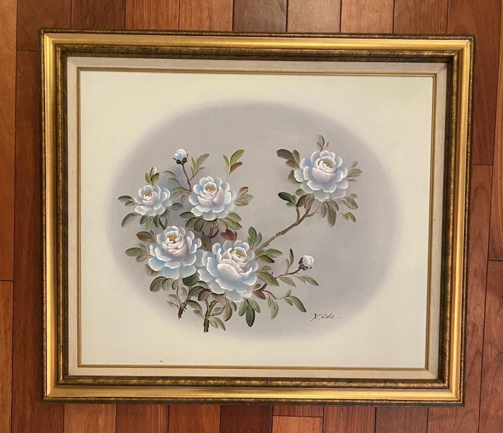 Pintura al óleo vintage sobre lienzo con diseño floral blanco, azul y dorado, 29 x 25 cm, firmada asiática.