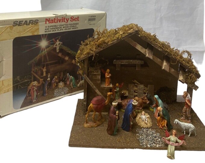Vtg 1970s Sears Nativity Set 14 Figures Wood Stable Made in Italy Landi