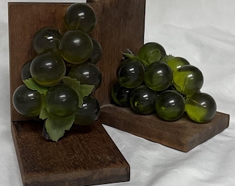 Vtg. Bookends Set Of Large Lucite Grapes Cluster Bunch Wood Green MGM Retro