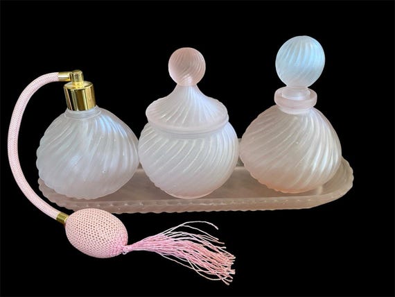Vintage 4 Piece Pink Frosted Glass Vanity Set Tray Perfume Atomizer Jar