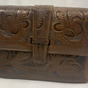 Vintage Hand Tooled Leather Purse Shoulder Handbag Brown Floral Western Cowgirl
