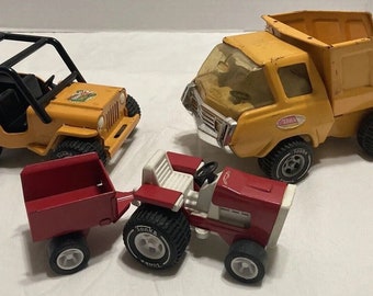 Set Of 3 Vintage Tonka Diecast Vehicles  Dump Truck Jeep Tractor Red And Yellow