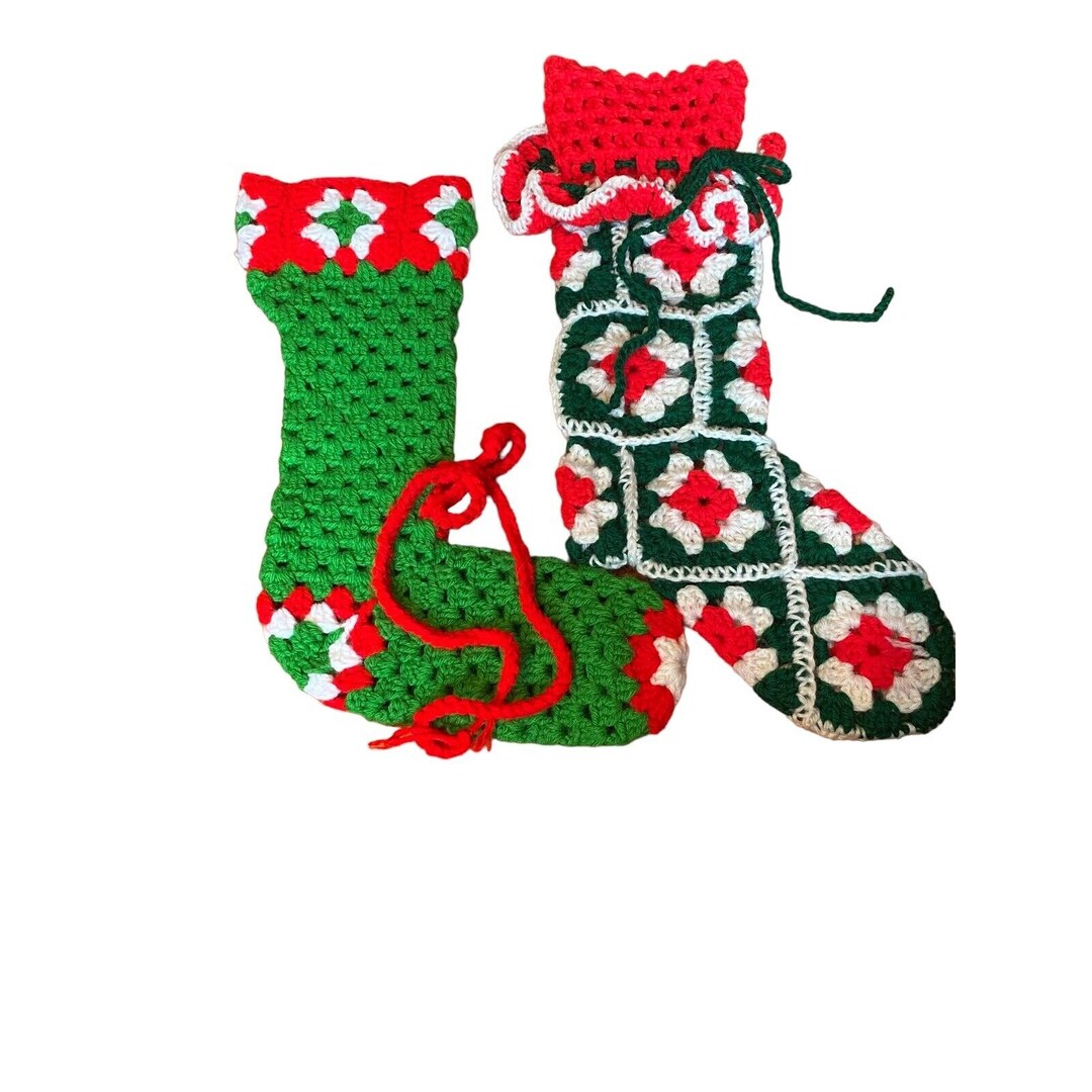 Vtg Crochet Christmas Stockings Set of 2 197080's Green Etsy