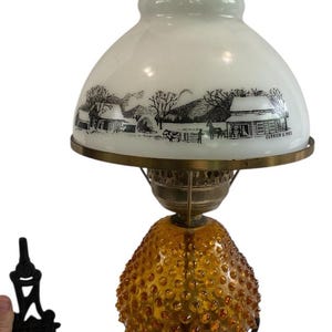 Vintage Cast Iron Wall Sconce Lamp Amber Hobnail Currier & Ives Glass Shade