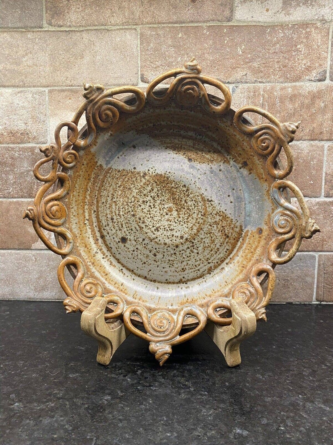 Stoneware Pottery Art Decorative Bowl Plate Ornate Cutout Rim Splatter
