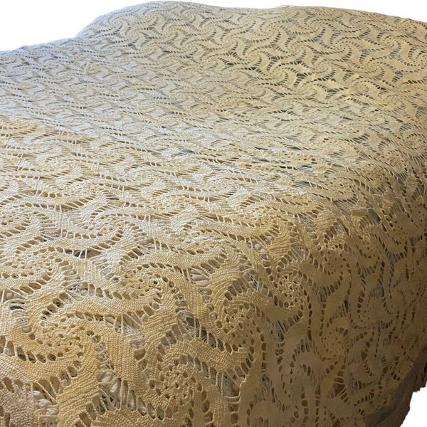 Vtg Hand Crocheted Knitted Ecru Large Beige Farmhouse Style Coverlet 88 x 104