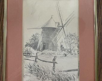Old Mill Eastham Cape Cod MA Sketch Drawing Artist Signed Jas. F. Murray Framed