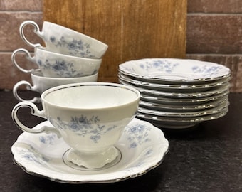Vintage Johann Haviland Bavaria Germany Blue Garland Footed Tea Cup & Saucer