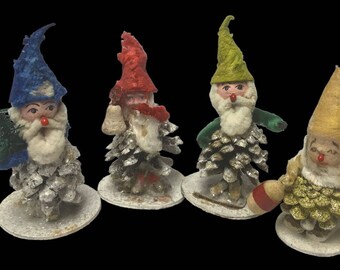 Vtg Christmas Gnome Pinecone 4" Ornaments West Germany Lot of 4 Pressed Cotton