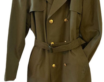 Vtg Army Green Belted Trench Coat Otavan Trebon Pes/vs Gold Sward Buttons Cap