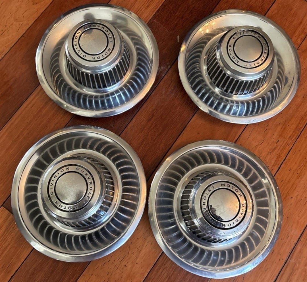 4 Vtg. Chevy Rally Wheel Center Cap Classic Silver Black Derby ...