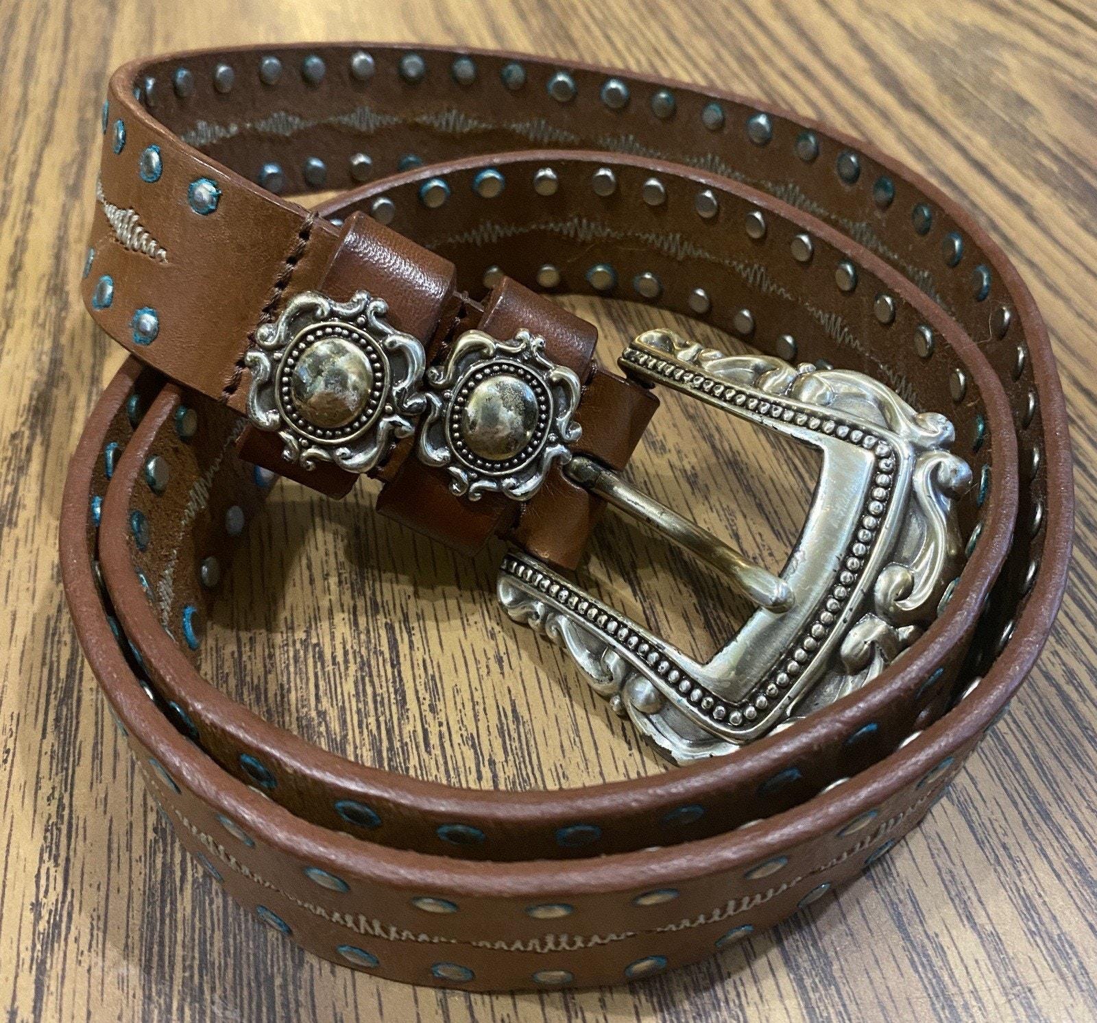 Womens Brown Vintage Studded Leather Belt - Etsy display picture 3