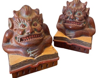 Vtg Antique Wooden Carved Foo Fu Dog Chinese Bookends 5.25" x 7" Guardian Rare