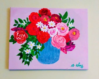 original acrylic  floral painting on stretched canvas,still life floral arrangement .
