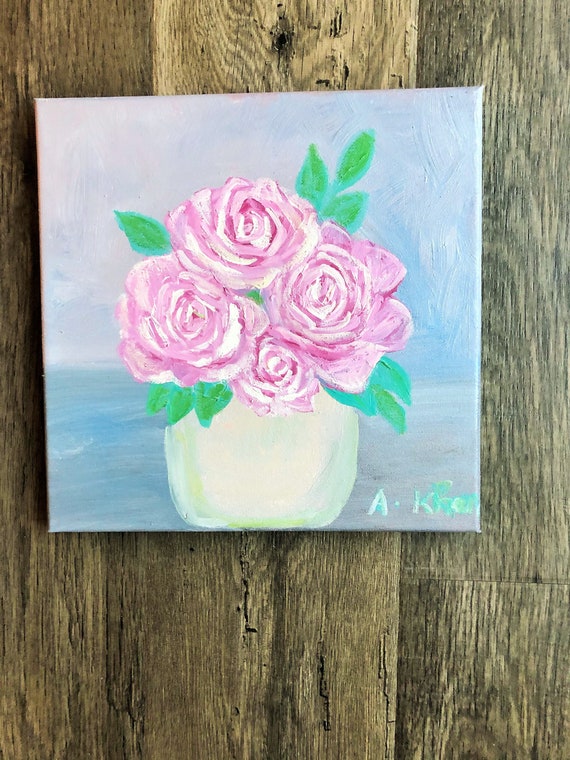 Hand-painted Pink Floral Painting art on 10x10 Canvas