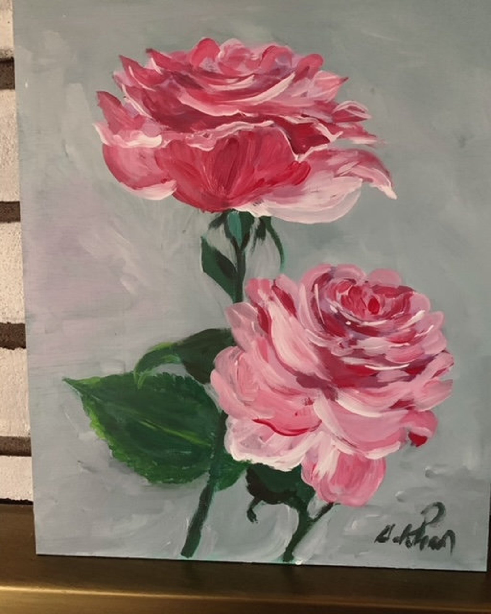 Original Floral Acrylic Painting on Wooden Panel/ Dark Pink Etsy