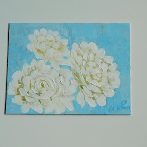 white floral painting on light blue background/canvas panel art 9x12/white floral wall art.