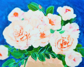 original  floral painting on 12 x 12 canvas ,still life rose painting roses in vase ,floral art wall hanging.