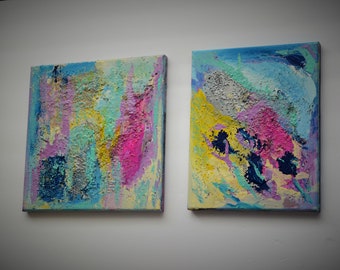 original acrylic abstract painting on 8 x 10 canvas, coffee art/coffee painting. Set of two.
