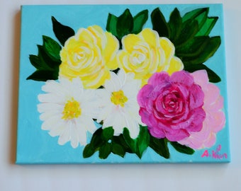 original floral  acrylic painting 12x16,coloful floral art ,wall art.made by fiveladiesart