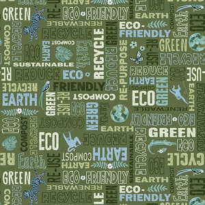 Peut inclure: Un tissu vert olive avec un motif répété de mots et d'illustrations liés à l'environnement. Les mots "Eco-Friendly", "Green", "Earth" et "Recycle" sont mis en évidence, avec des images d'animaux et de plantes.