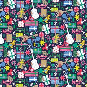 May include: A seamless pattern featuring a variety of Christmas-themed illustrations, including presents, stars, snowflakes, trees, and musical instruments. The background is a dark blue colour, and the illustrations are in a variety of bright colours, including red, green, yellow, and blue.