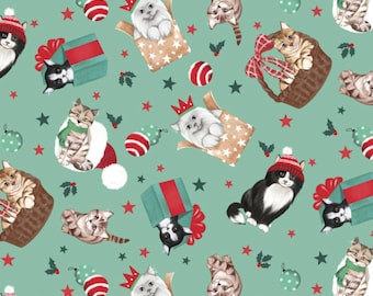 3 Wishes Fabric - Santa Paws - Purrfect Package - Green   - Half Yard