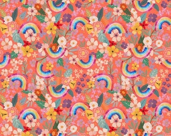 Magic Friends  - Mia Charro - Rainbows and Flowers - Coral - Half Yard