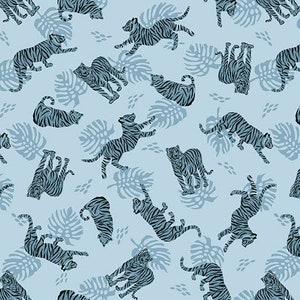 Peut inclure: Un motif sans couture représentant des tigres bleus sur un fond bleu clair. Les tigres sont dans différentes poses, y compris la marche, la course et le saut. Le motif est répété dans toute la conception.