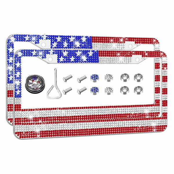 USA American Flag Crystal Red White Blue Stars Patriotic Diamond License Plate Frame Cover Luxury Holder Maga Bling Caps