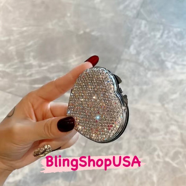 Crystal Encrusted Compact Mirror Heart Shaped Blinged Out White Diamond & Aurora Borealis Makeup Mirror Folding Pocket Size Feminine Sparkly