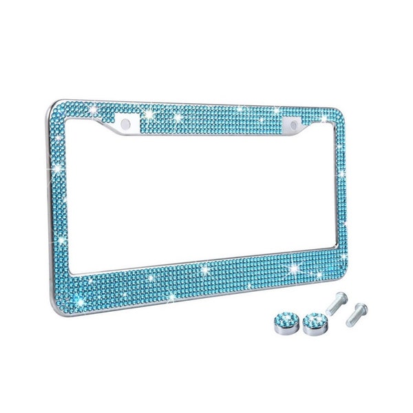1 Luxury AQUA Blue Diamond CRYSTAL License Plate Frame Anti-theft Sparkle LUX Cover Holder Bling Caps