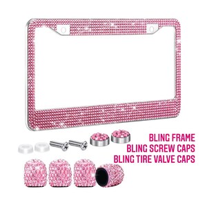 1 Luxury Baby PINK Crystal Diamond Encrusted License Plate Metal Frame Anti-theft Feminine Tire Valve Caps Bling Caps