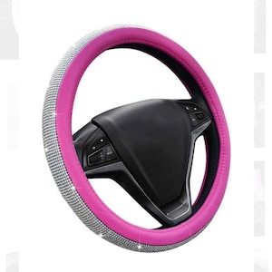 Hot Pink Leather Bling White Diamond Luxury Steering Wheel Cover with Crystal Embellishment Universal Round Fit bonus Crystal Ignition Ring