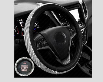 Black Velvet & White Diamond Ultra Bling Luxury Steering Wheel Cover with Crystal Embellishment Universal Round Fit + Crystal Ignition Ring