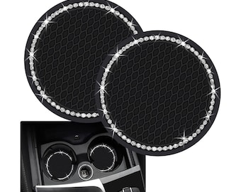 2 Black Coasters Cup Holder Insert Ultra Bling White Diamond Luxury Crystal Embellishment Round Fit Car SUV Silicone Anti-Slip Coaster