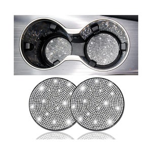 2 White Diamond Fully Encrusted Crystal Coasters Cup Holder Insert Bling Diamond Luxury Embellishment Round Car Decor SUV Anti-Slip Coaster