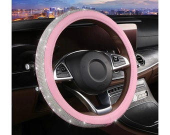 Light Baby Pink Leather Bling White Diamond Luxury Steering Wheel Cover with Crystal Embellishment Universal Round Fit Crystal Ignition Ring