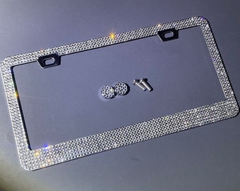 1 Swarovski White Diamond Crystal Encrusted License Plate Holder Sparkly Luxury Frame in Stainless Steel Metal Chrome Bling Caps