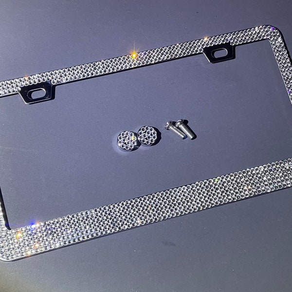 1 Swarovski White Diamond Crystal Encrusted License Plate Holder Sparkly Luxury Frame in Stainless Steel Metal Chrome Bling Caps