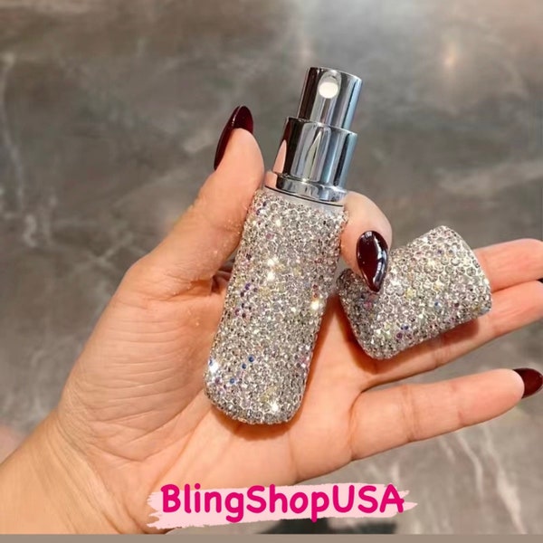 Crystal Encrusted Perfume Atomizer Sprayer Bottle Travel Size White Diamond & Aurora Borealis Bling Reusable Refillable Women Feminine Gift