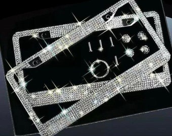 Swarovski White Diamond Crystal Encrusted License Plate Metal Frame Sparkly Luxury handmade Frame Bling Caps Made With Swarovski