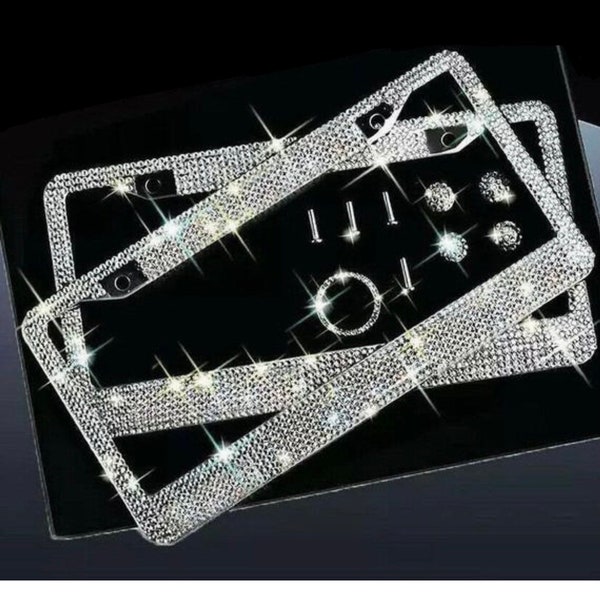 Swarovski White Diamond Crystal Incrusted License Plate Metal Frame Sparkly Luxury fait à la main Cadre Bling Caps Fabriqué avec Swarovski