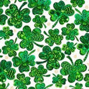May include: A seamless pattern of green four-leaf clovers on a white background. The clovers are intricately detailed with swirls and lines, creating a festive and celebratory design.