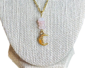 Dainty Gold Moon Necklace, Crescent Moon Necklace, Rose Quartz Necklace, Crystal Necklace, Gemstone Jewelry, Love Necklace, Birthday Gift
