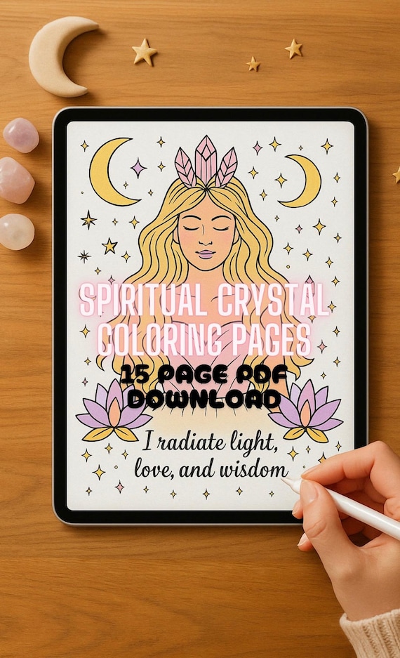 Spiritual Boho Crystal Printable and Downloadable Coloring Pages Positive Affirmations Moon Phases Mandalas Magical Goddess Fairy Art
