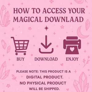 May include: Pink graphic with a shopping cart, a download arrow, and a printer with a heart. Text reads "How to access your magical downlaad" and "Please note: This product is a digital product. No physical product will be shipped."