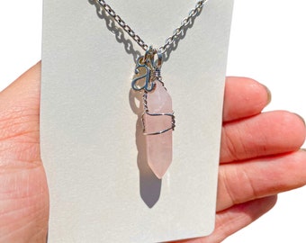 Rose Quartz Initial Necklace, Perfect Gift for Mom, Personalized Gifts, Name Necklace, Personalized Jewelry Letter Jewelry, Crystal Necklace