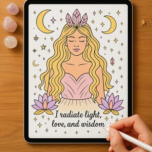 May include: Digital illustration of a woman with long blonde hair wearing a pink dress and a crystal crown. She is surrounded by stars, moons, and flowers. The text "I radiate light, love, and wisdom" is written below her.